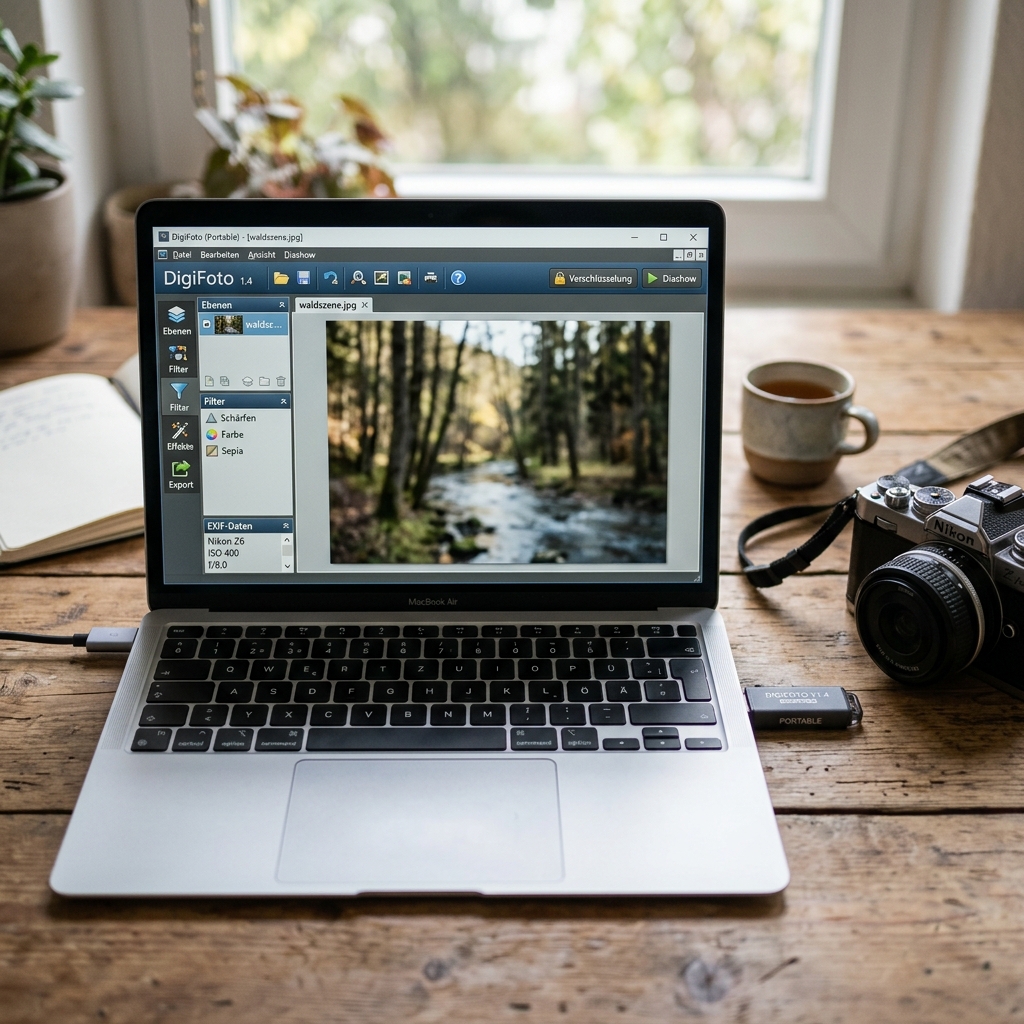 Laptop mit offenem Bildbearbeitungsprogramm und Kamera auf einem Tisch