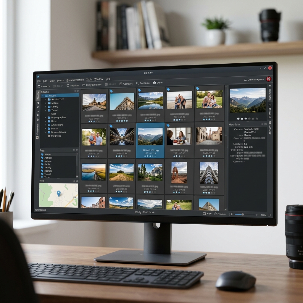 Monitor mit Fotoverwaltungssoftware und verschiedenen Bildvorschauen