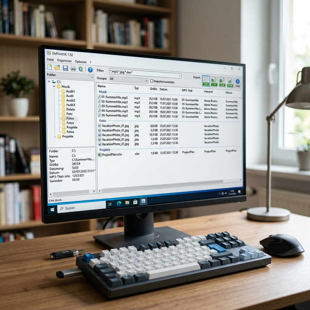 Ein Computerbildschirm zeigt einen Dateimanager mit Musik- und Fotodateien.