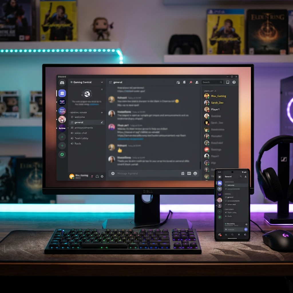 Gaming Monitor mit Discord-Anwendung und Smartphone