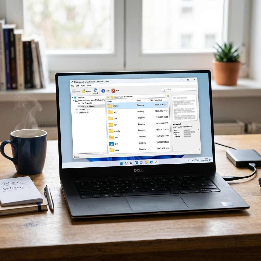 Laptop zeigt Dateimanager, daneben Tasse und Notizblock