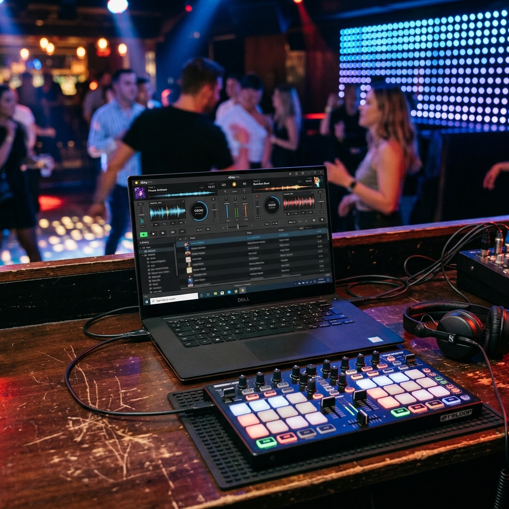 Laptop und DJ-Controller im Nachtclub vor tanzenden Menschen