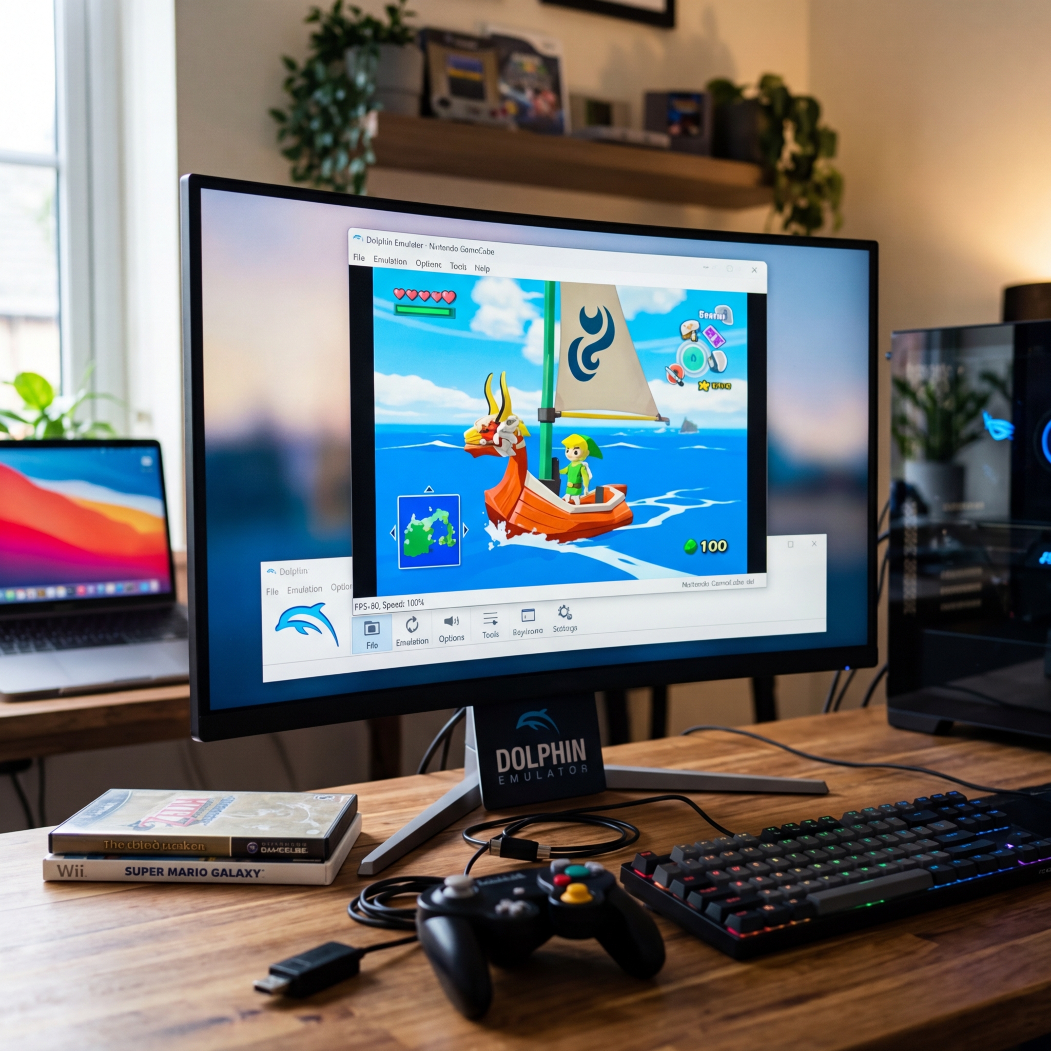Monitor displaying Dolphin Emulator with gaming scene