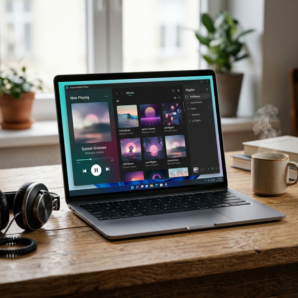 Laptop zeigt Musikplayer mit Albumcover und Kopfhörern auf Holzoberfläche.