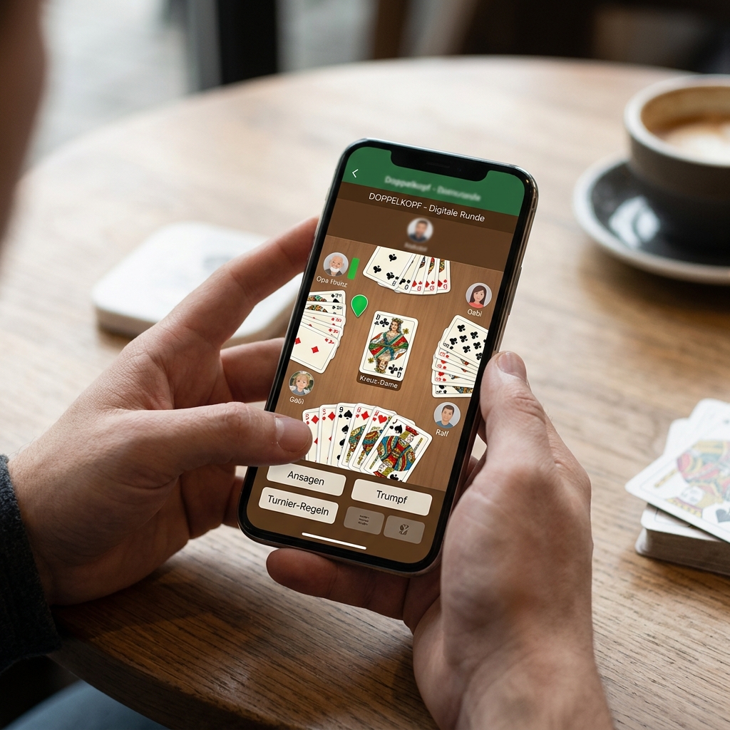 Spieloberfläche eines digitalen Doppelkopf-Spiels auf einem Smartphone.