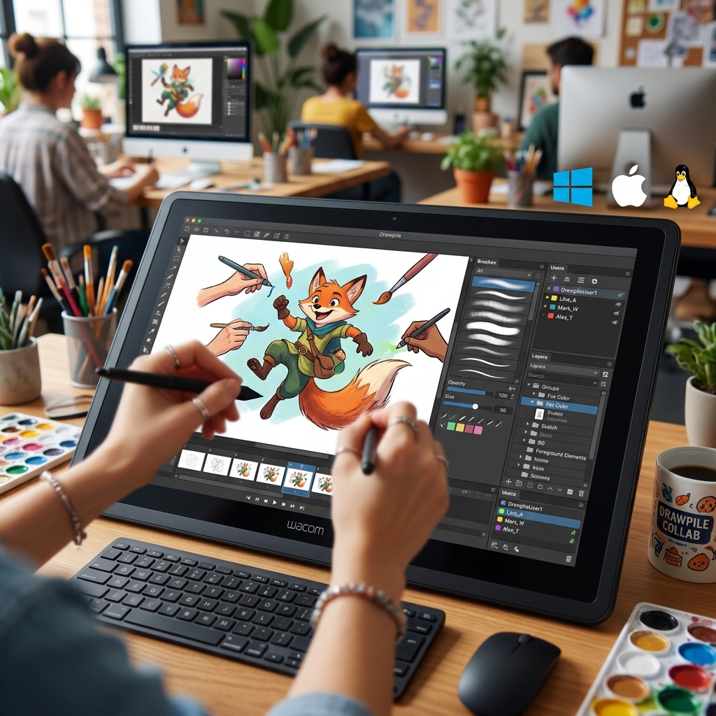 Illustration eines Fuchses auf einem digitalen Zeichenbrett