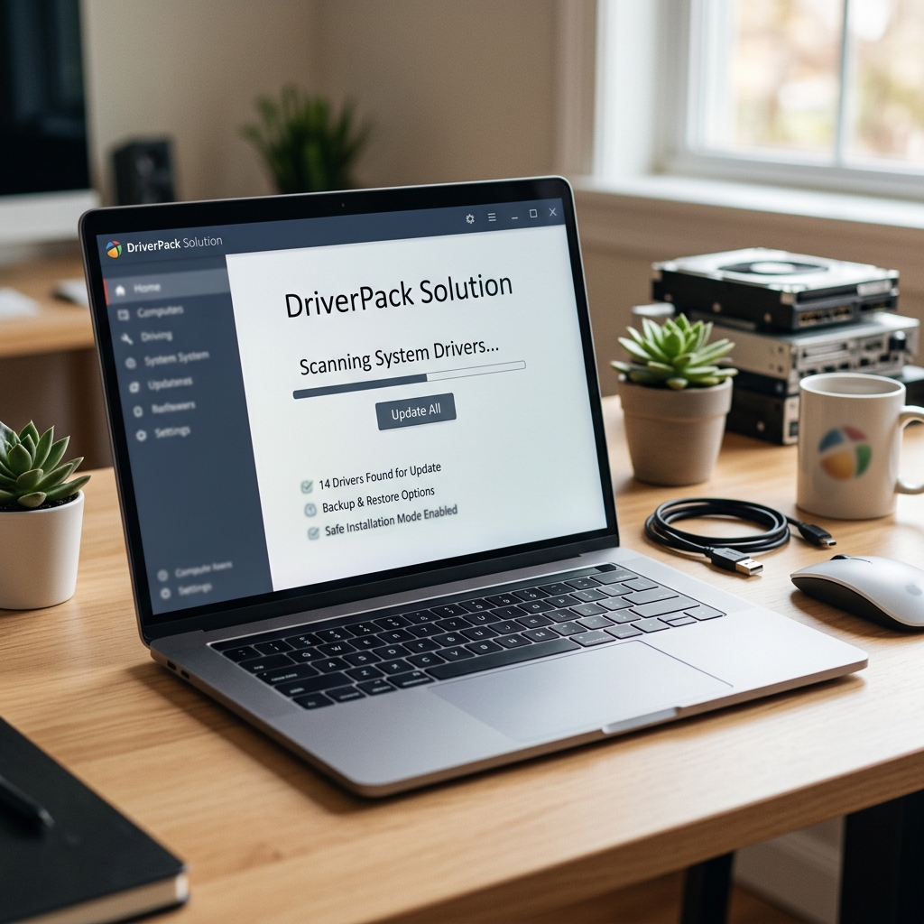 Laptop zeigt DriverPack Solution mit Scan-Fortschritt auf dem Bildschirm.