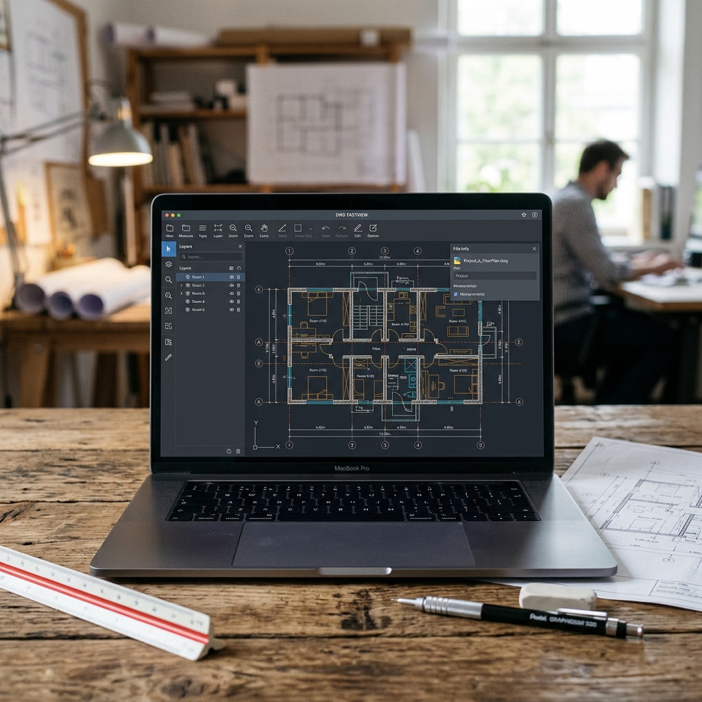 Laptop zeigt Architekturplan auf Holzschreibtisch