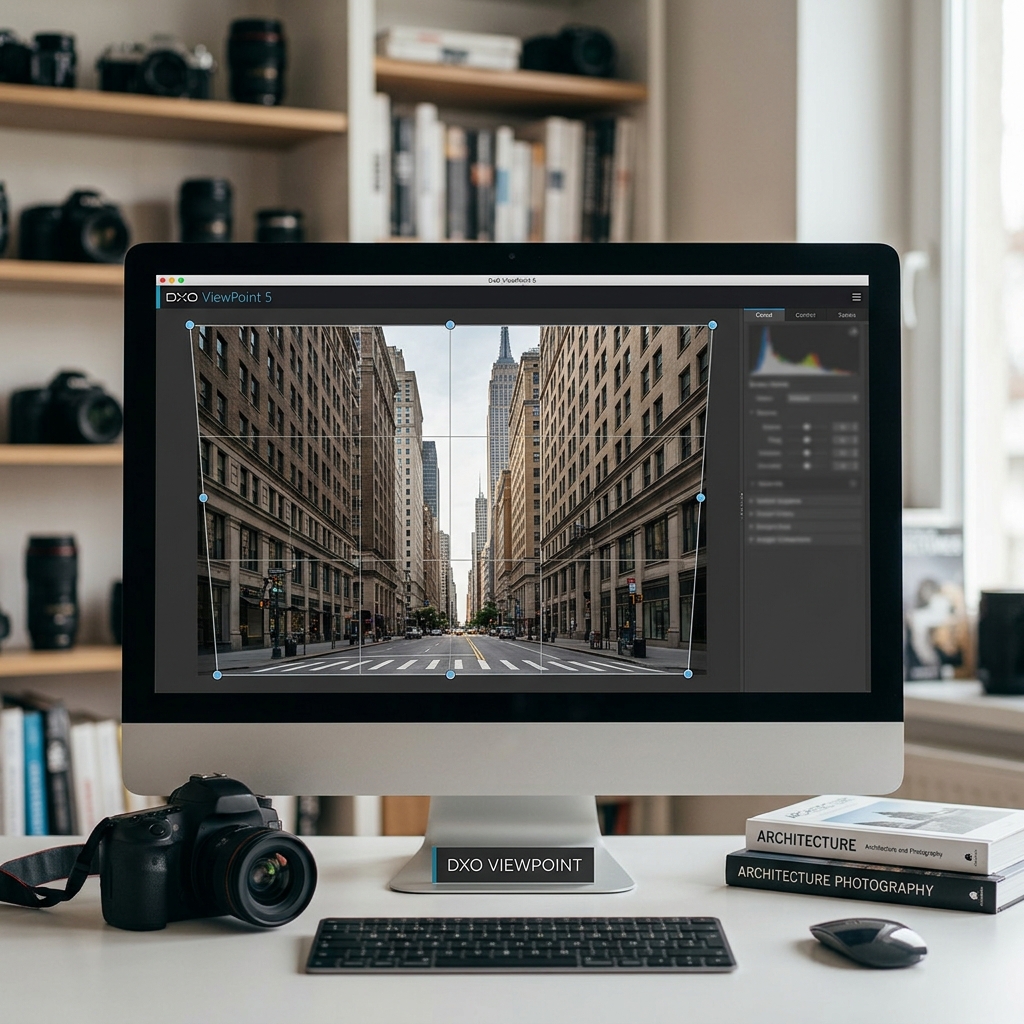 Computer mit DXO ViewPoint Software und Kamera im Vordergrund