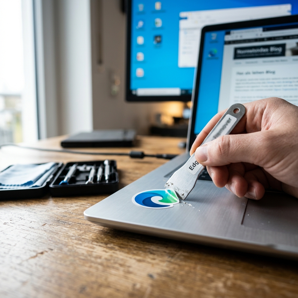 Laptop zeigt Edge Remover Programm mit Fortschrittsanzeige.