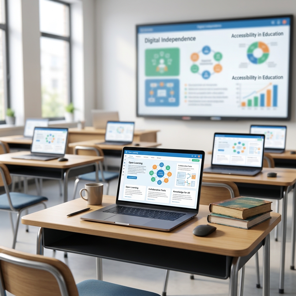 Klassenzimmer mit Laptops und Präsentation auf dem Bildschirm