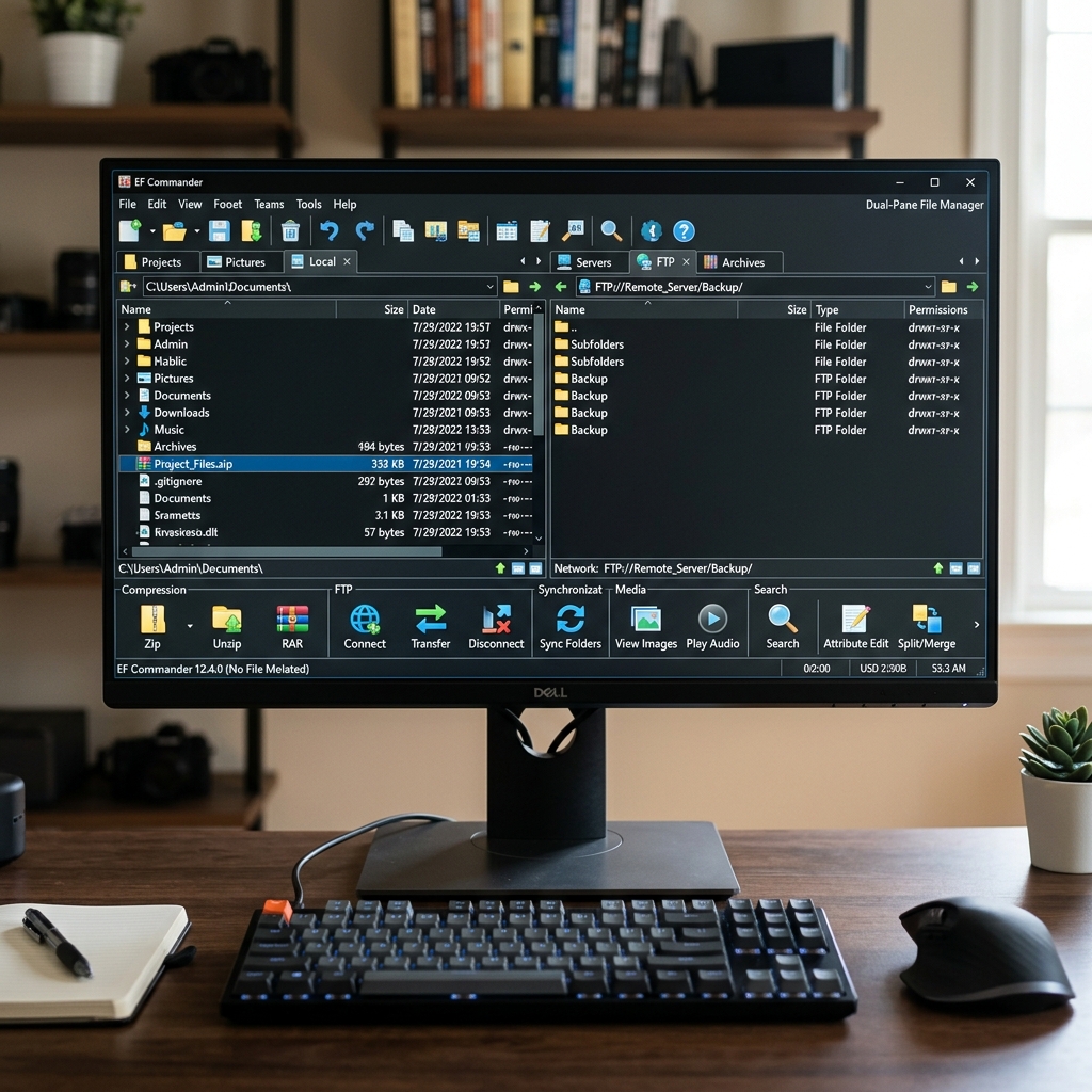 Dual-Pane-Dateimanager auf einem Computerbildschirm