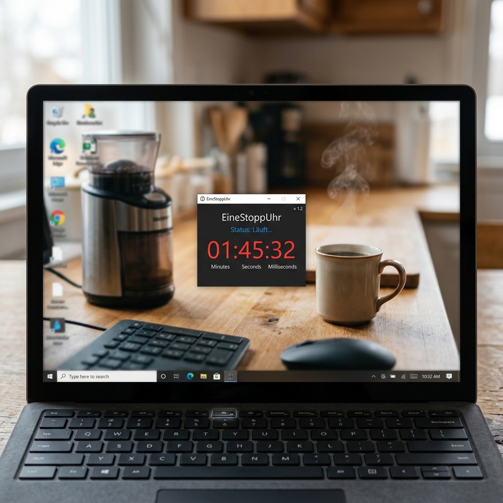 Ein Laptop zeigt eine Stoppuhr und eine Tasse Kaffee auf einem Holzstuhl.