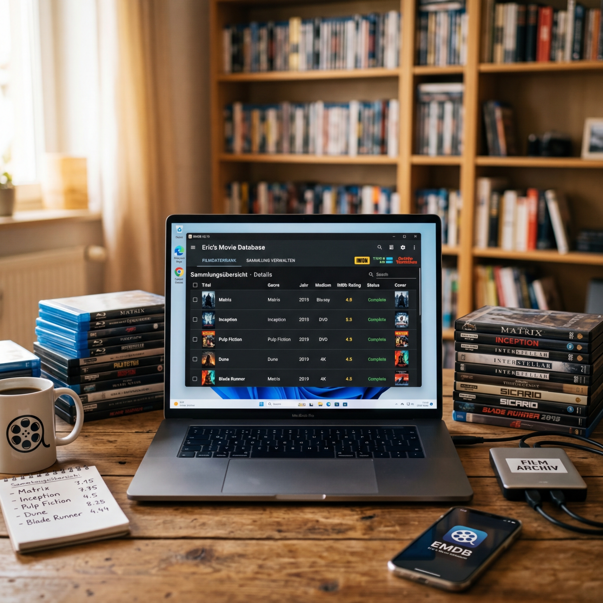Laptop mit Film-Datenbank, DVDs und Notizblock auf einem Tisch.