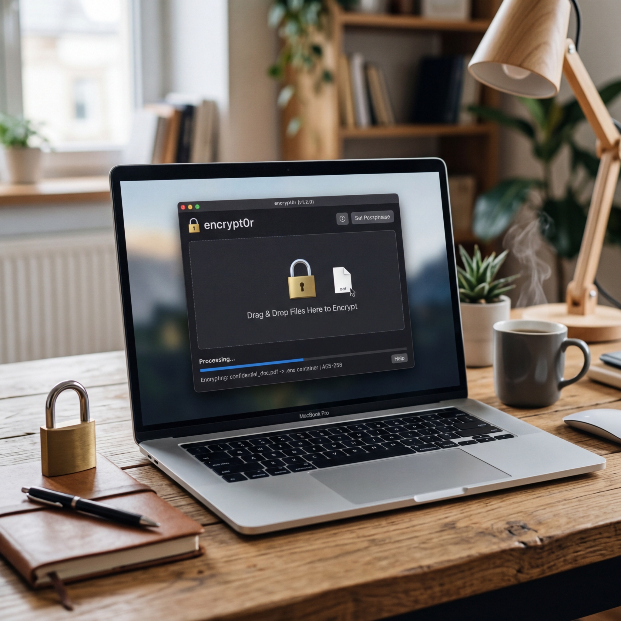 Laptop zeigt Verschlüsselungssoftware auf einem Holzschreibtisch