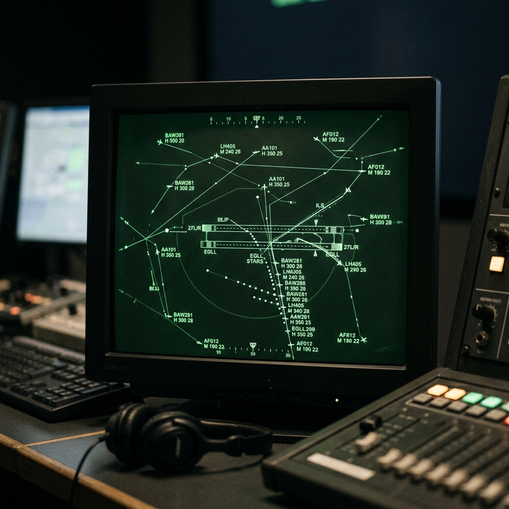 Monitor mit Flugverkehrsdaten und Steueroberfläche