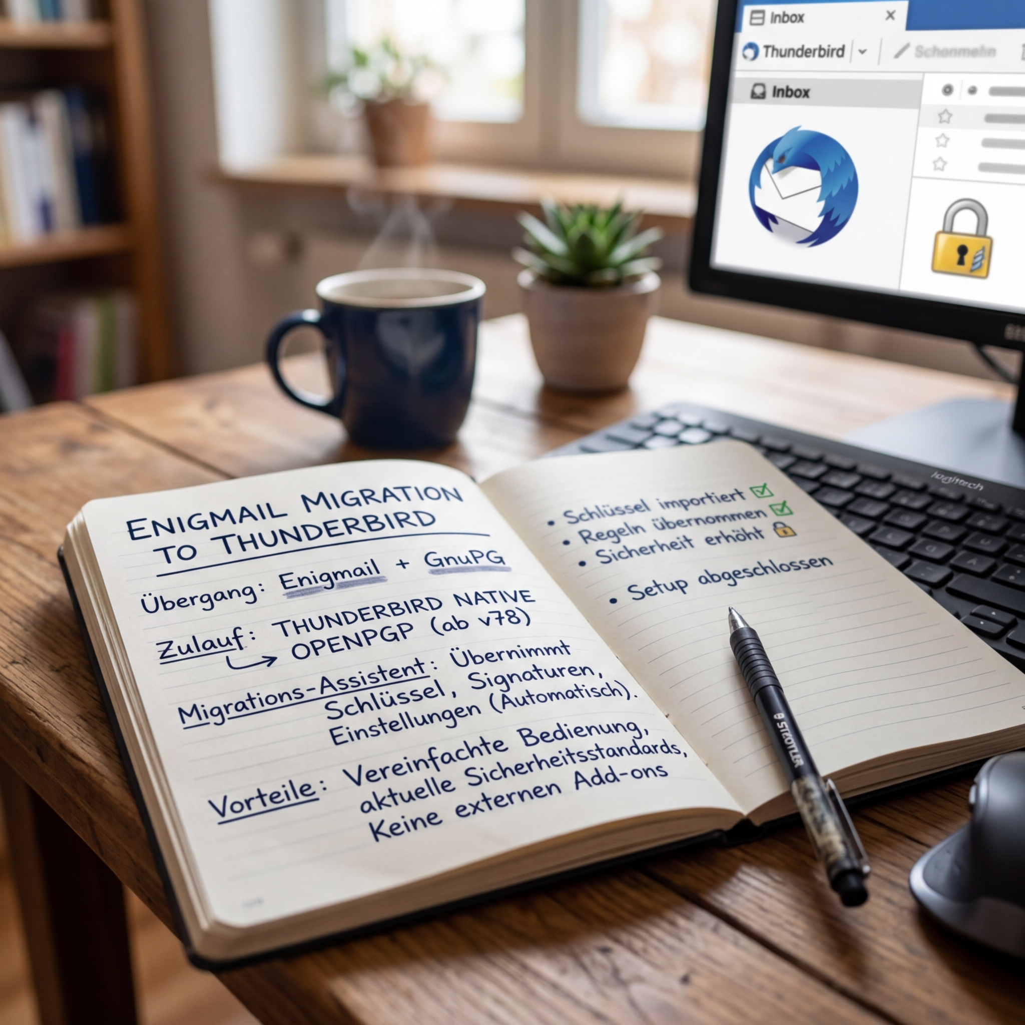 Notizbuch über Enigmail Migration zu Thunderbird mit einer Tasse Kaffee
