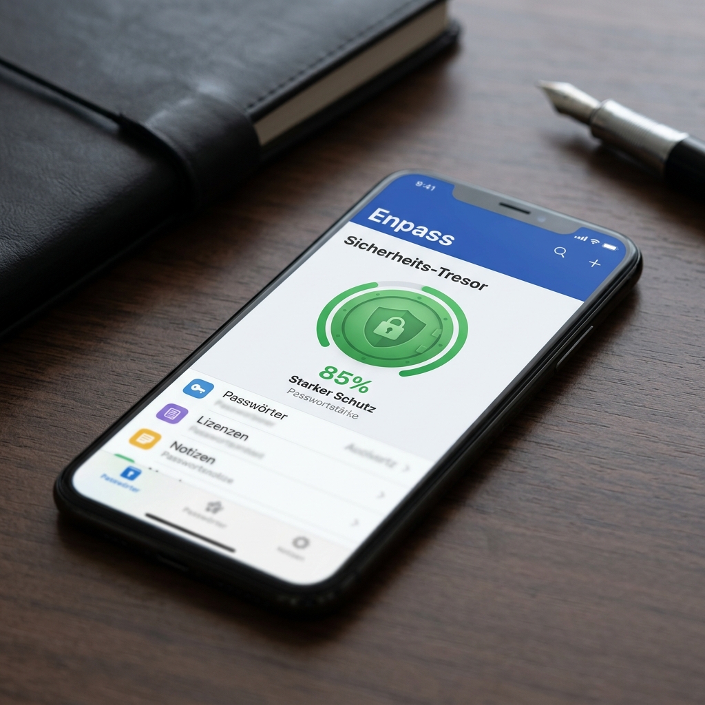 Smartphone zeigt App für Passwortschutz auf Holzoberfläche