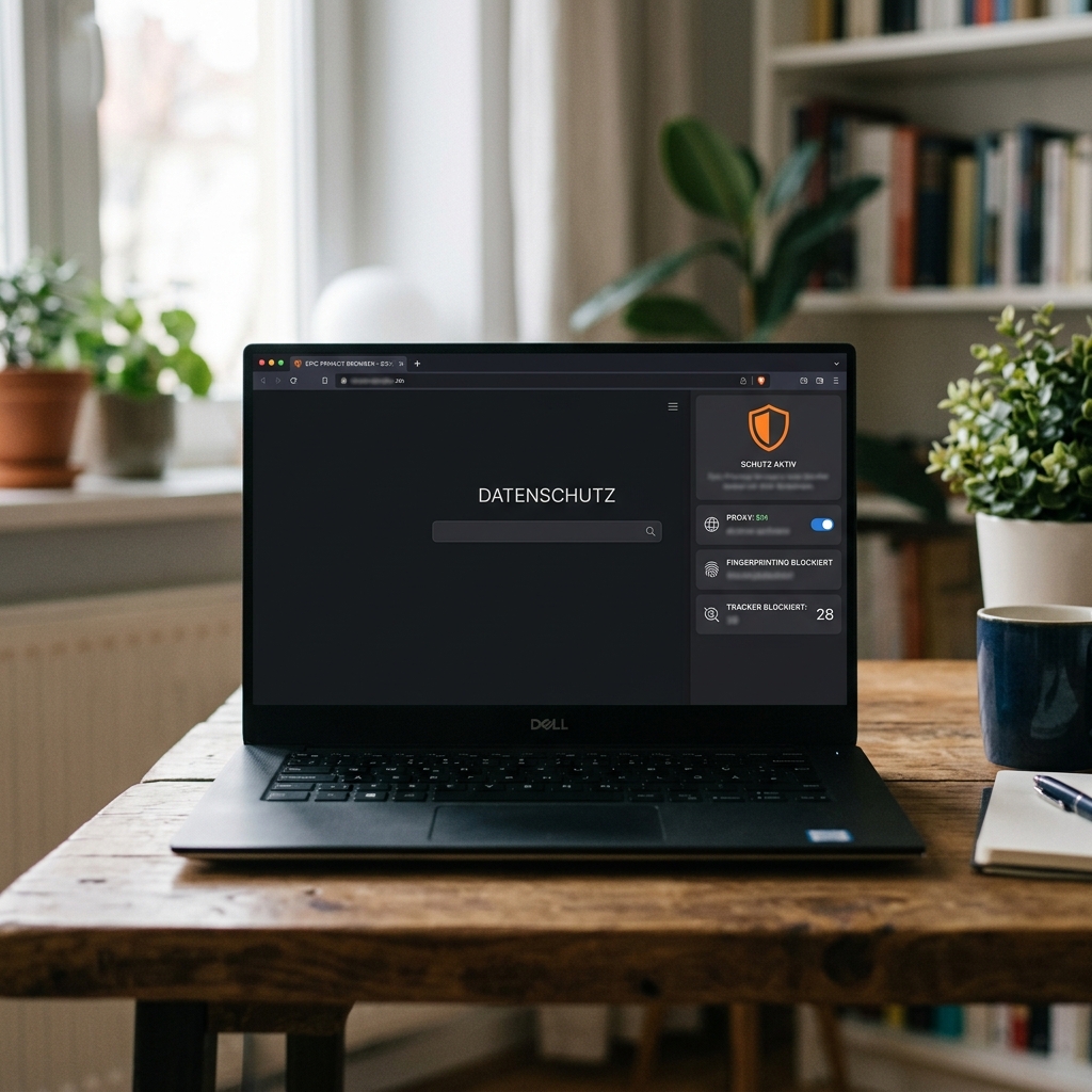 Schwarzer Laptop mit Datenschutzinformation auf dem Bildschirm und einer Tasse daneben.