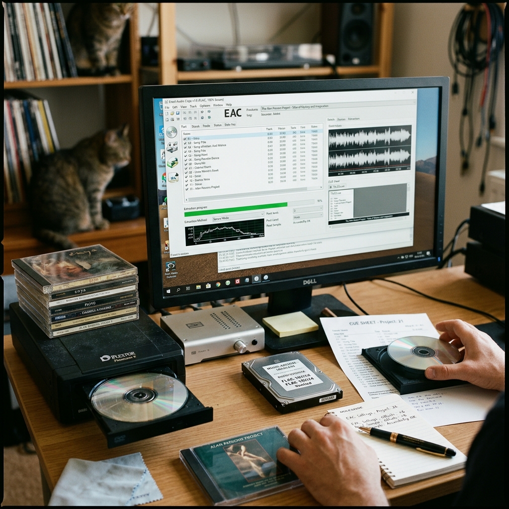 Arbeitsplatz mit CD-Player, CDs, Monitor und Notizen