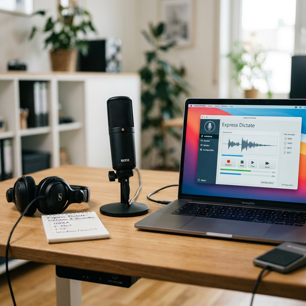 Desk setup with a microphone, laptop, headphones, and notepad.