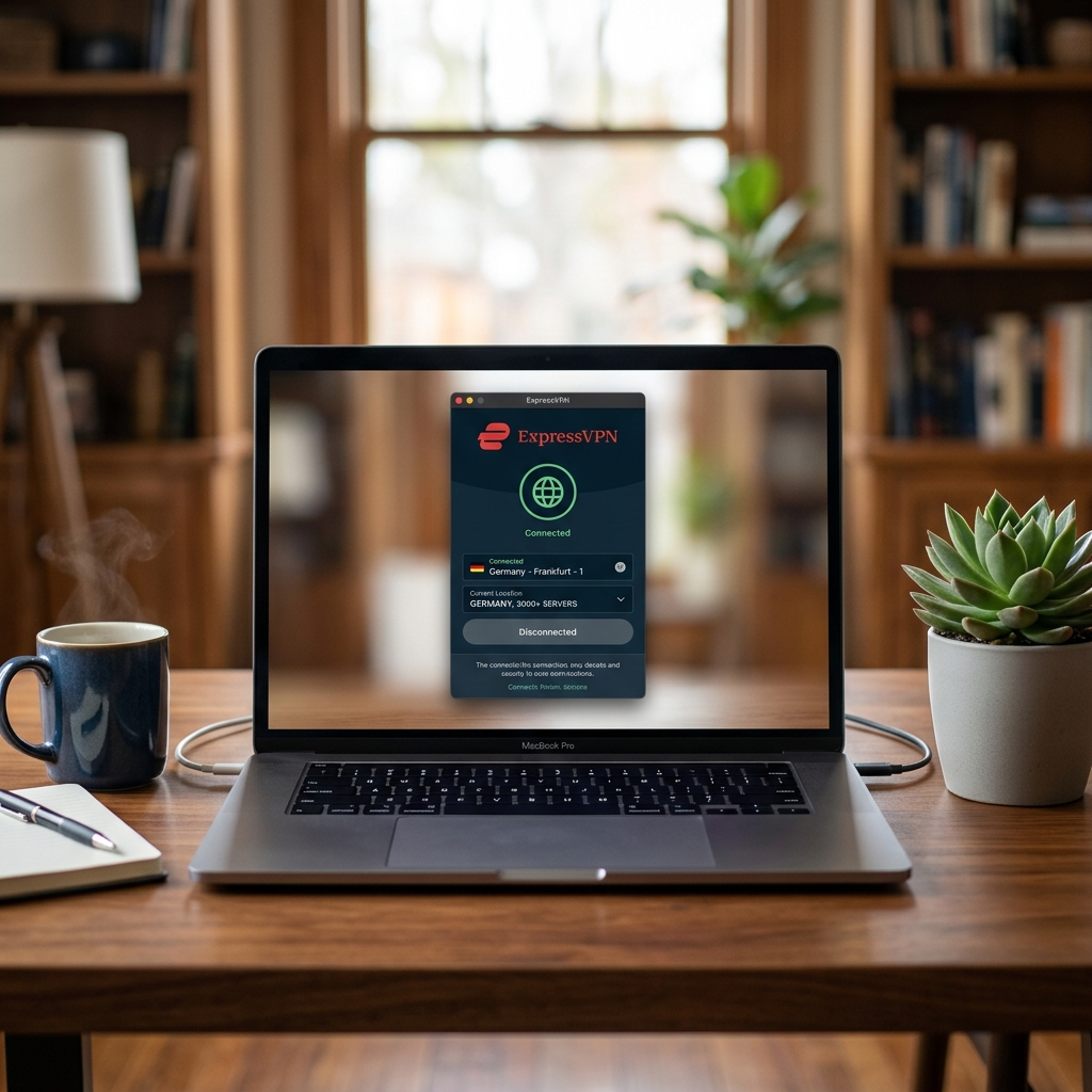 Screenshot von ExpressVPN auf einem Laptop mit Smartphone daneben.