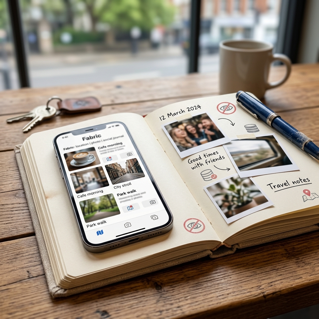 Smartphone und Notizbuch auf einem Tisch mit einer Tasse.