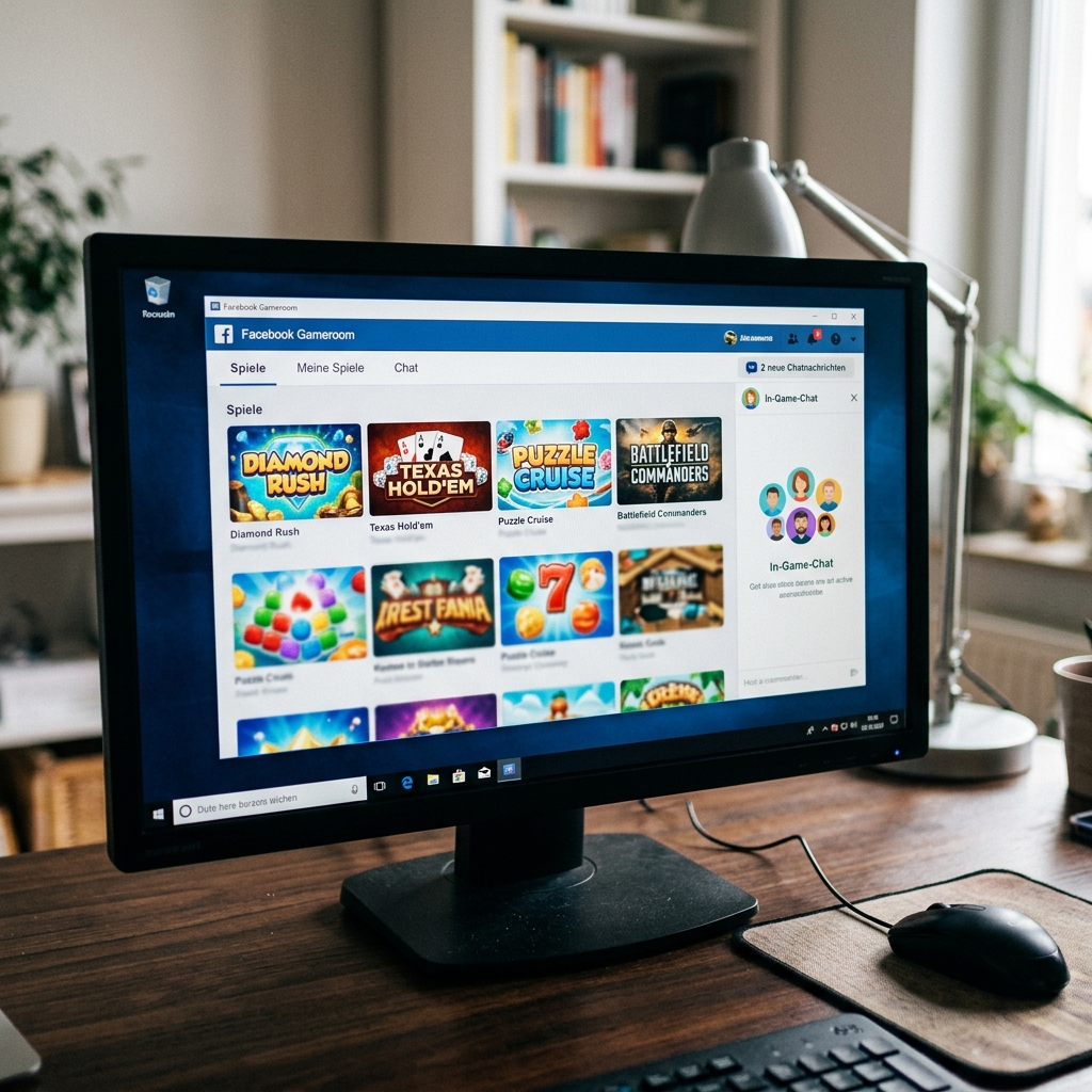 Computer Bildschirm zeigt Facebook Gameroom mit verschiedenen Spielen