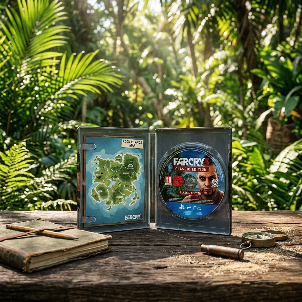 Far Cry 3 Classic Edition in einer Spielhülle mit Karte und weiterer Ausrüstung