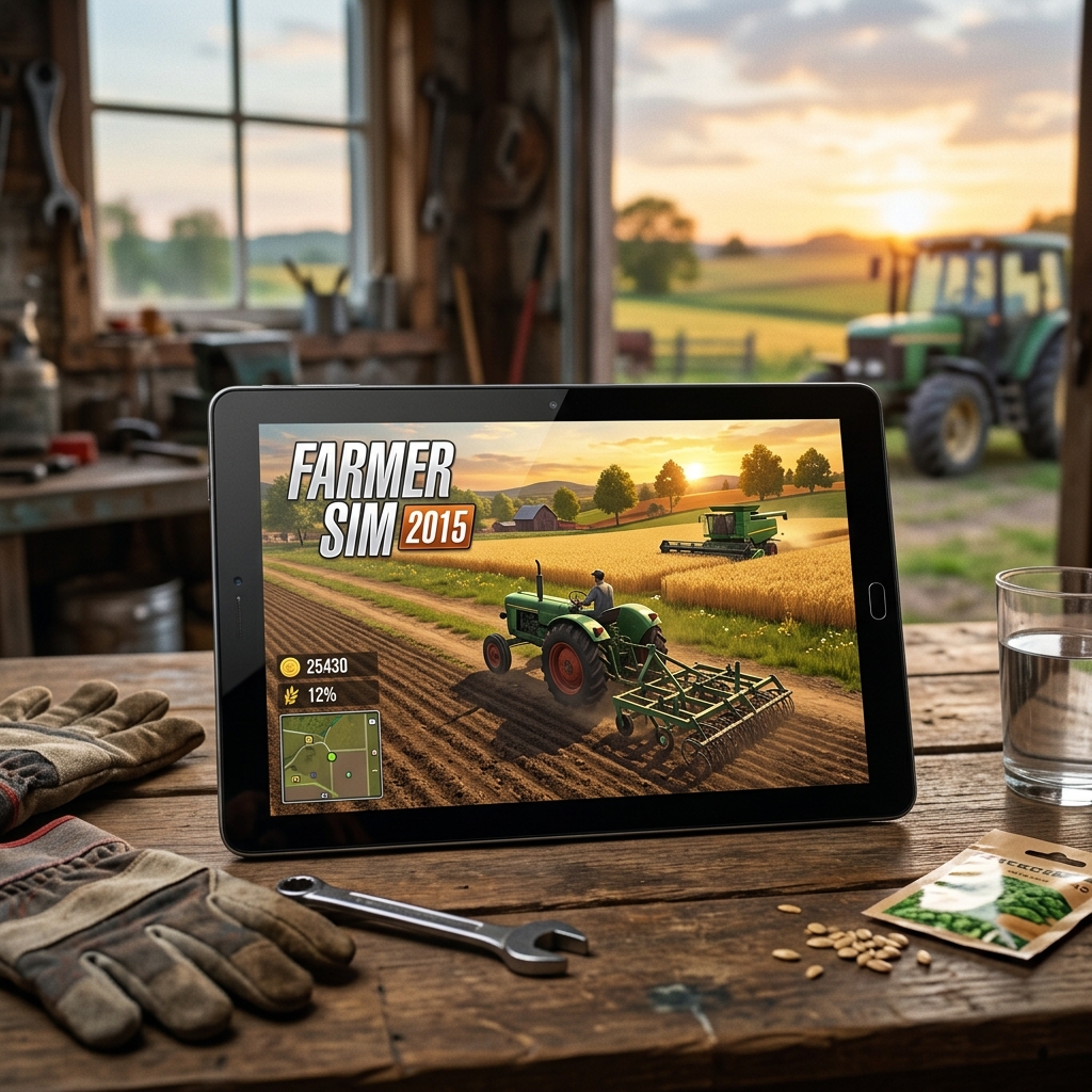 Screenshot von Farmer Sim 2015 auf einem Tablet mit landwirtschaftlicher Umgebung
