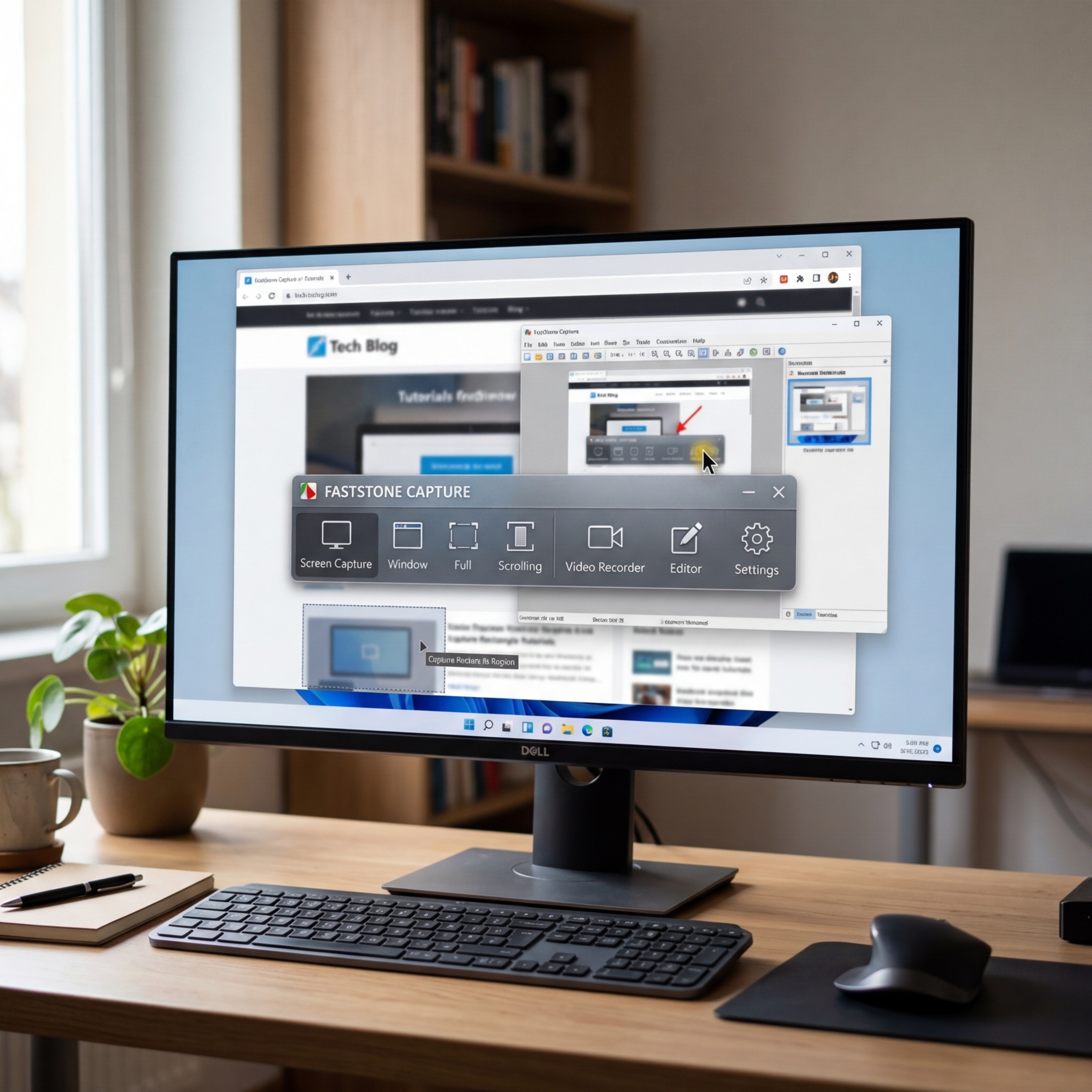Monitor zeigt FastStone Capture Software mit geöffneten Fenstern.