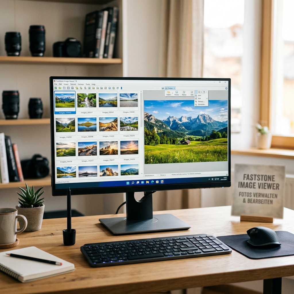 Moderner Computerarbeitsplatz mit Monitor, Tastatur und Kaffee