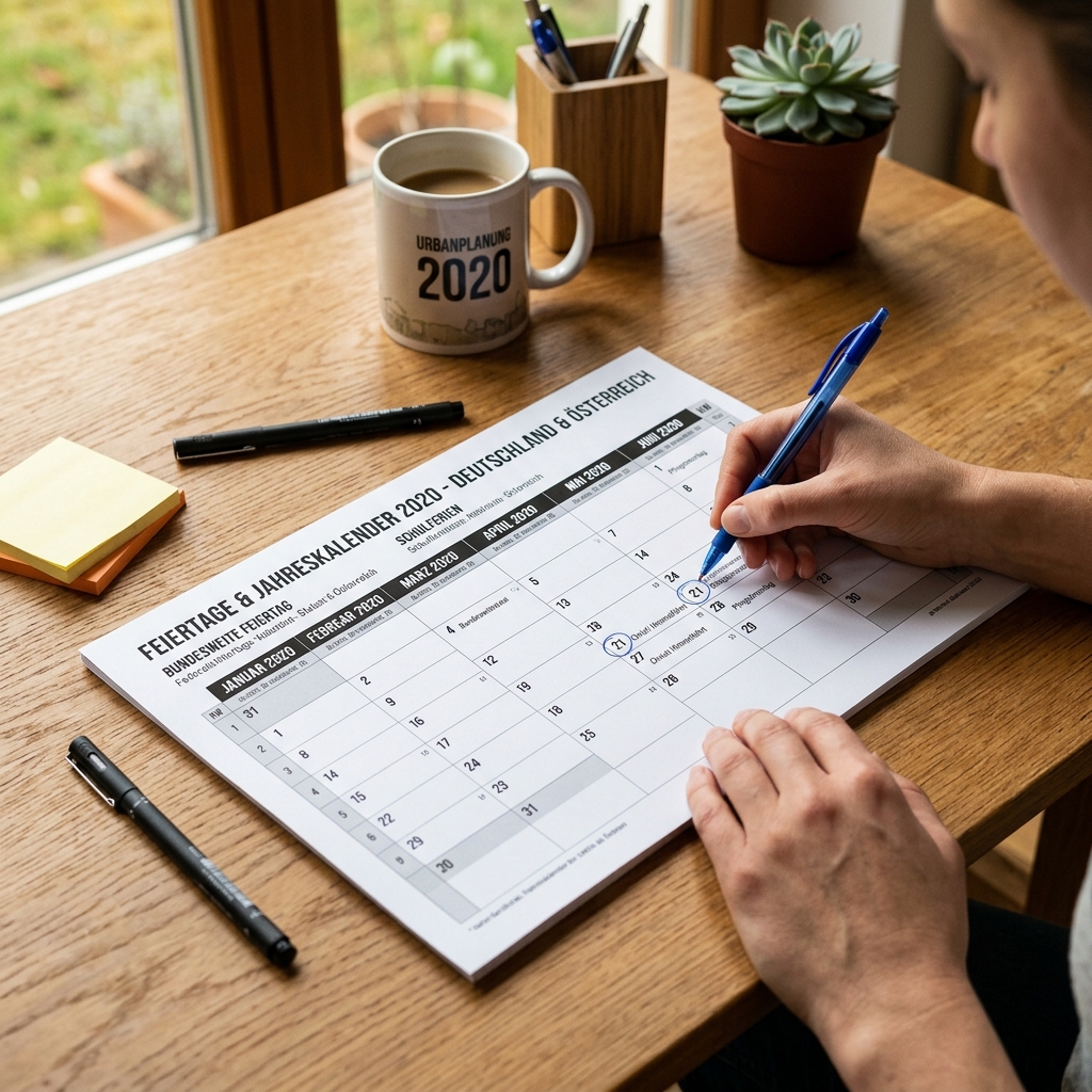 Jahreskalender 2020 auf Tisch mit Stift und Tasse