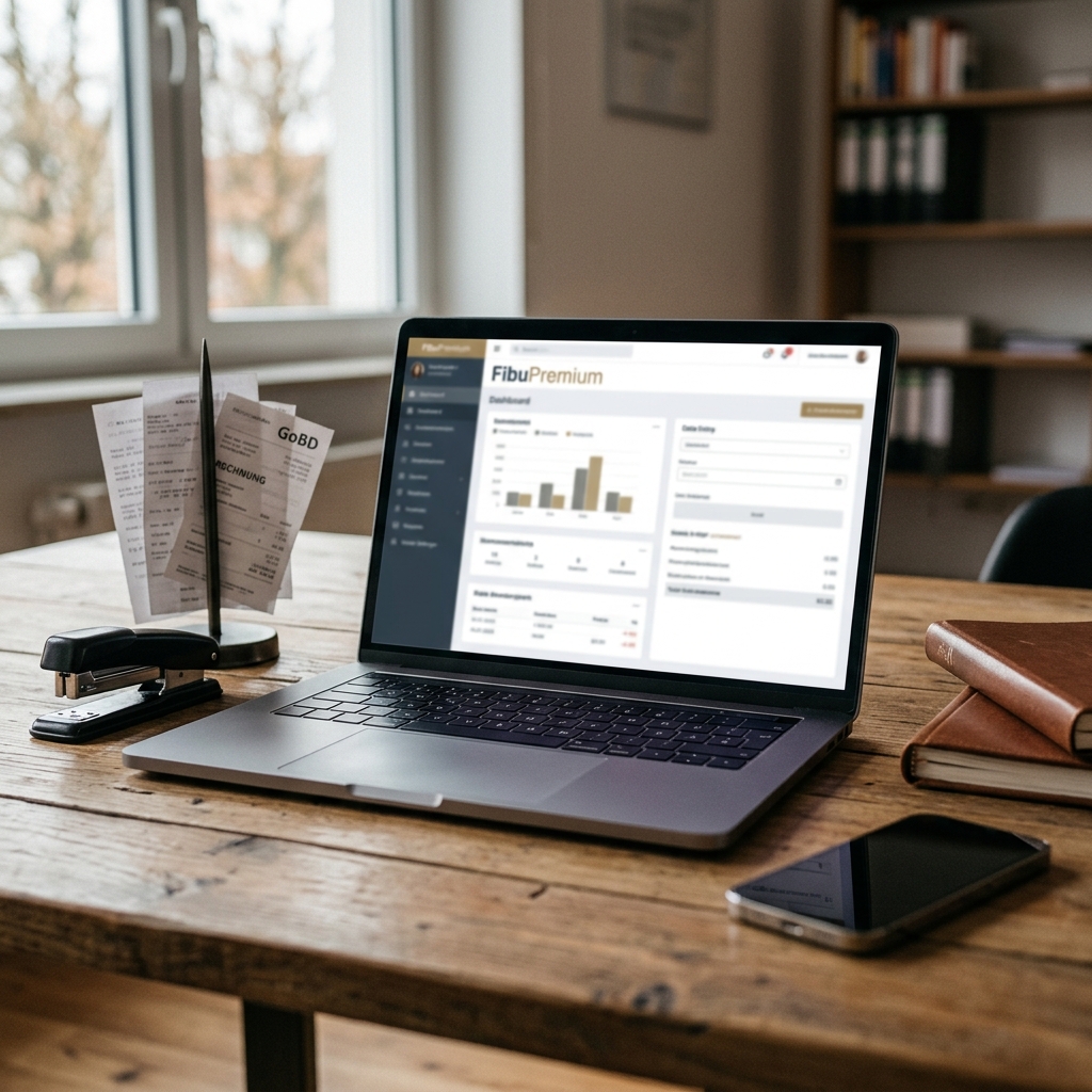 Modernen Laptop auf Holztisch mit Unterlagen und Smartphone
