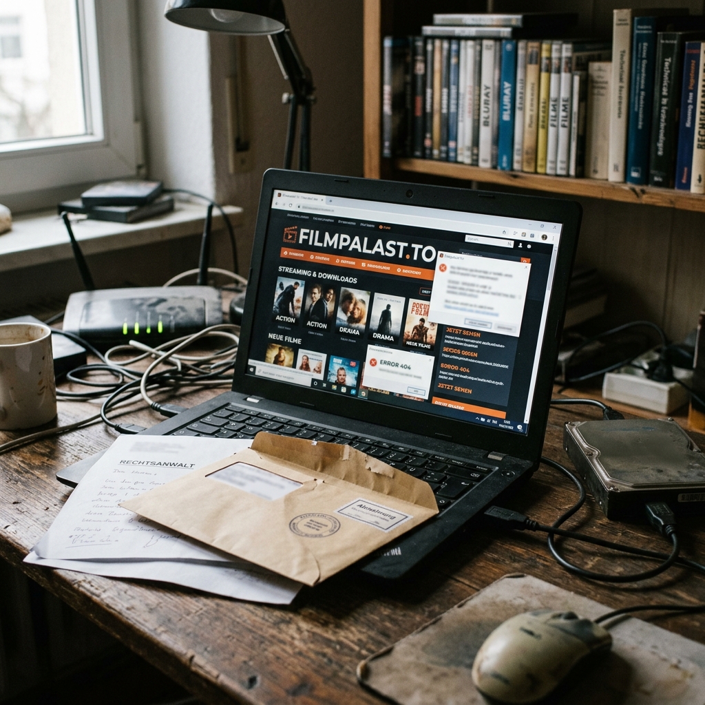 Ein Laptop mit offener Webseite auf einem Schreibtisch, umgeben von Unterlagen und Zubehör.
