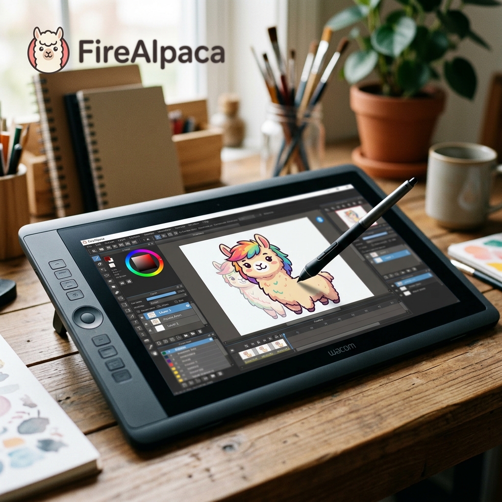 Digitale Zeichentablet mit buntem Kunstwerk in FireAlpaca