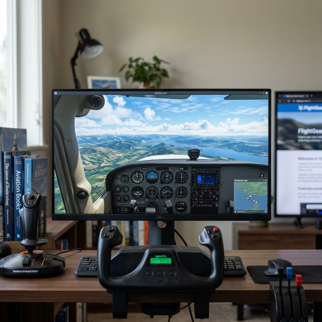 Flugsimulator mit Monitor, Joystick und Ansicht aus dem Cockpit
