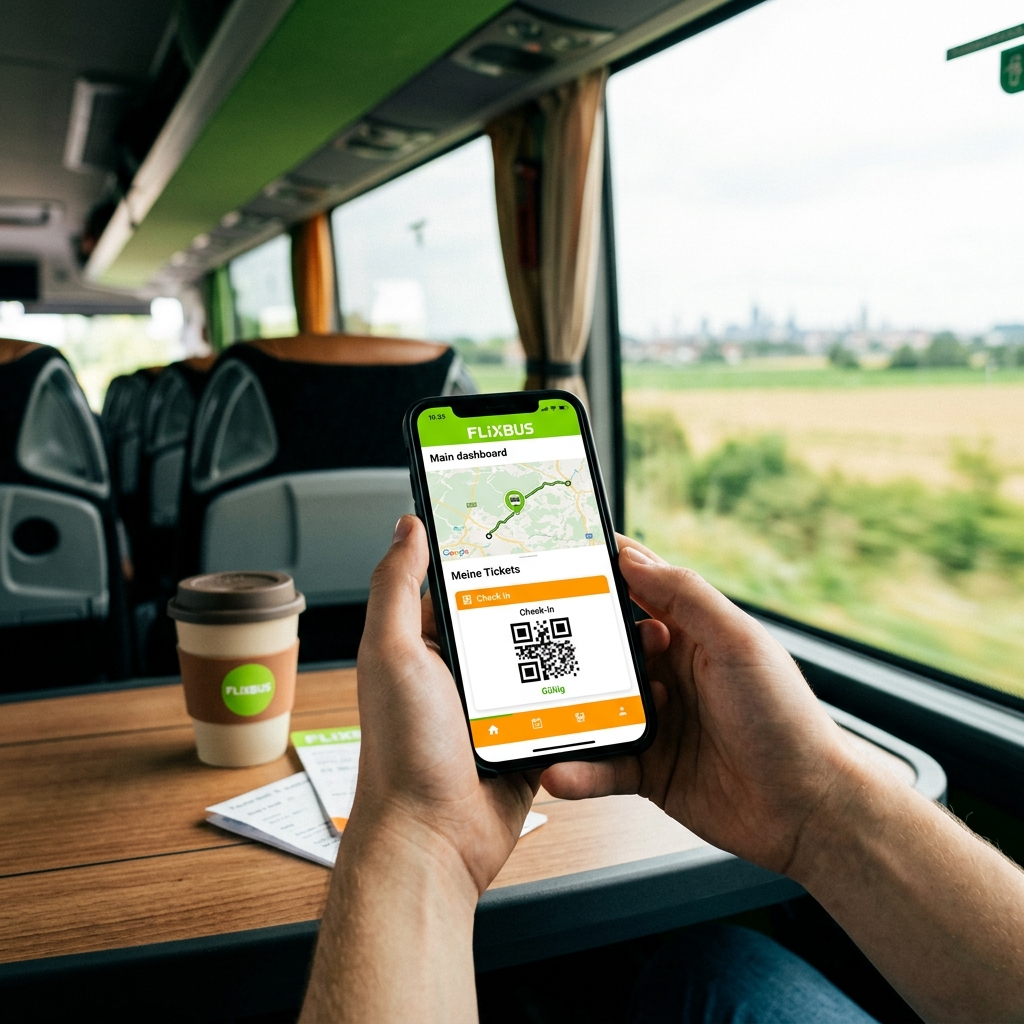 Smartphone mit Flixbus-App im Innenraum eines Busses