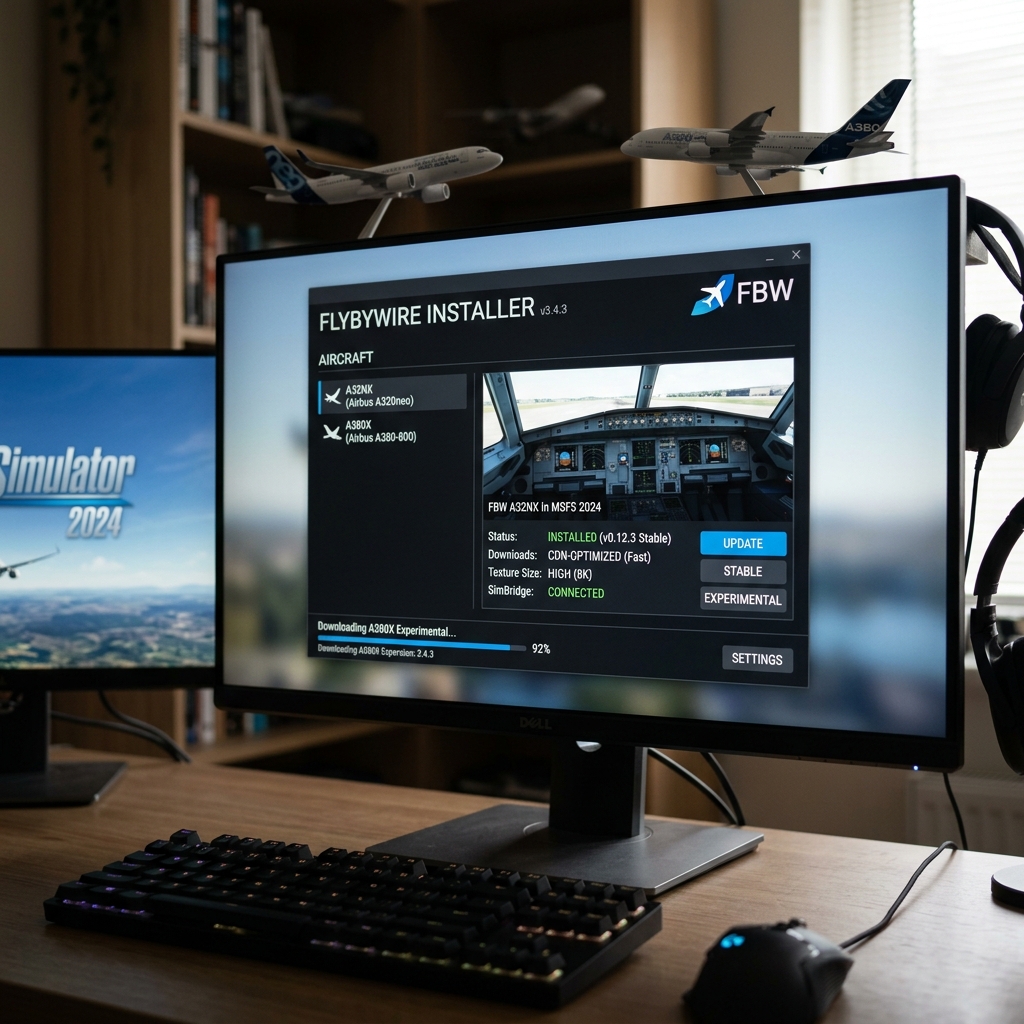 Monitor mit FlyByWire Installer und Simulator 2024 im Hintergrund