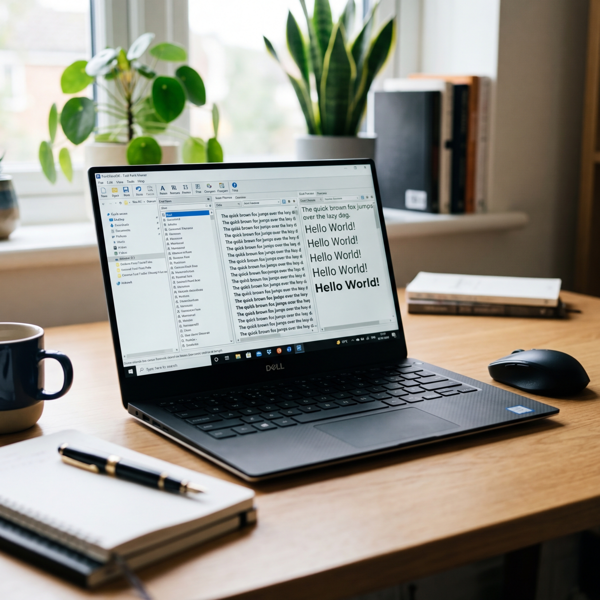 Laptop mit Textdokument und Pflanzen im Hintergrund