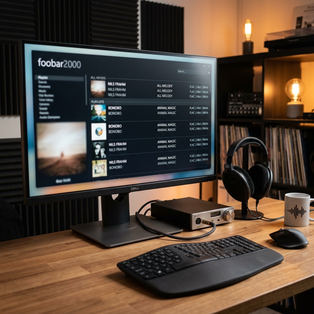 Ein Monitor zeigt eine Musikbibliothek mit Kopfhörern und einem Audiointerface.