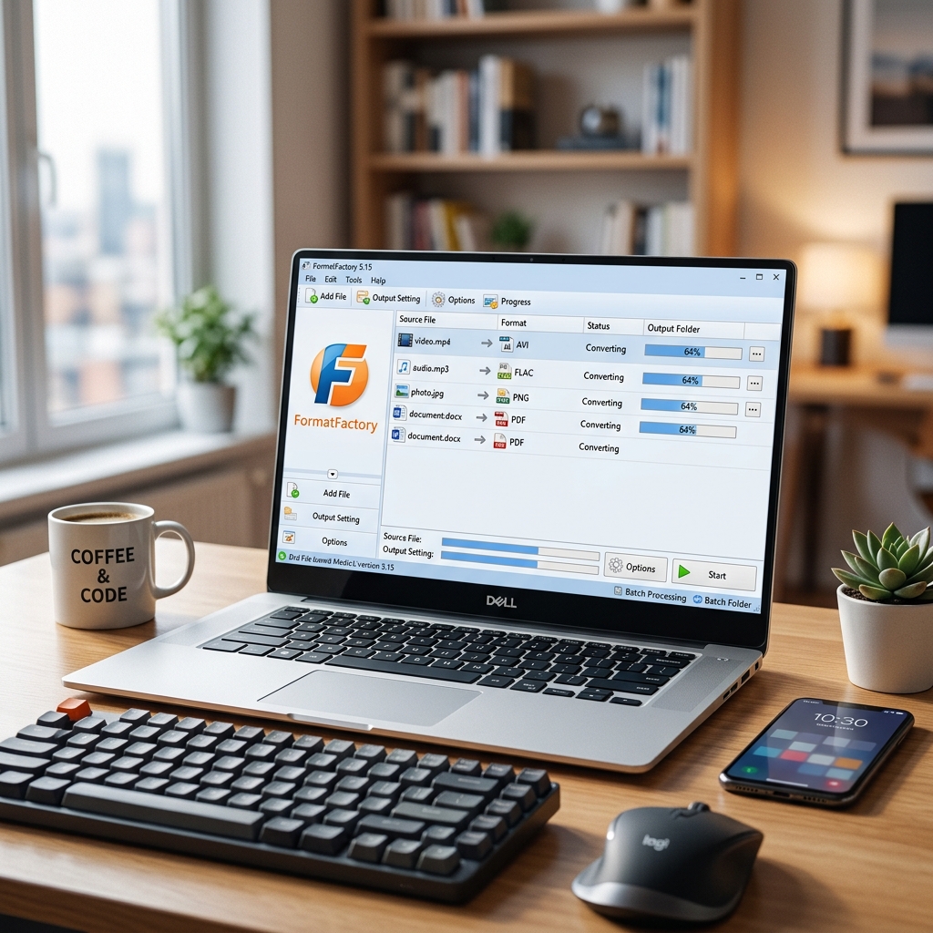 Laptop mit FormatFactory Software, Kaffeetasse und Smartphone auf dem Tisch