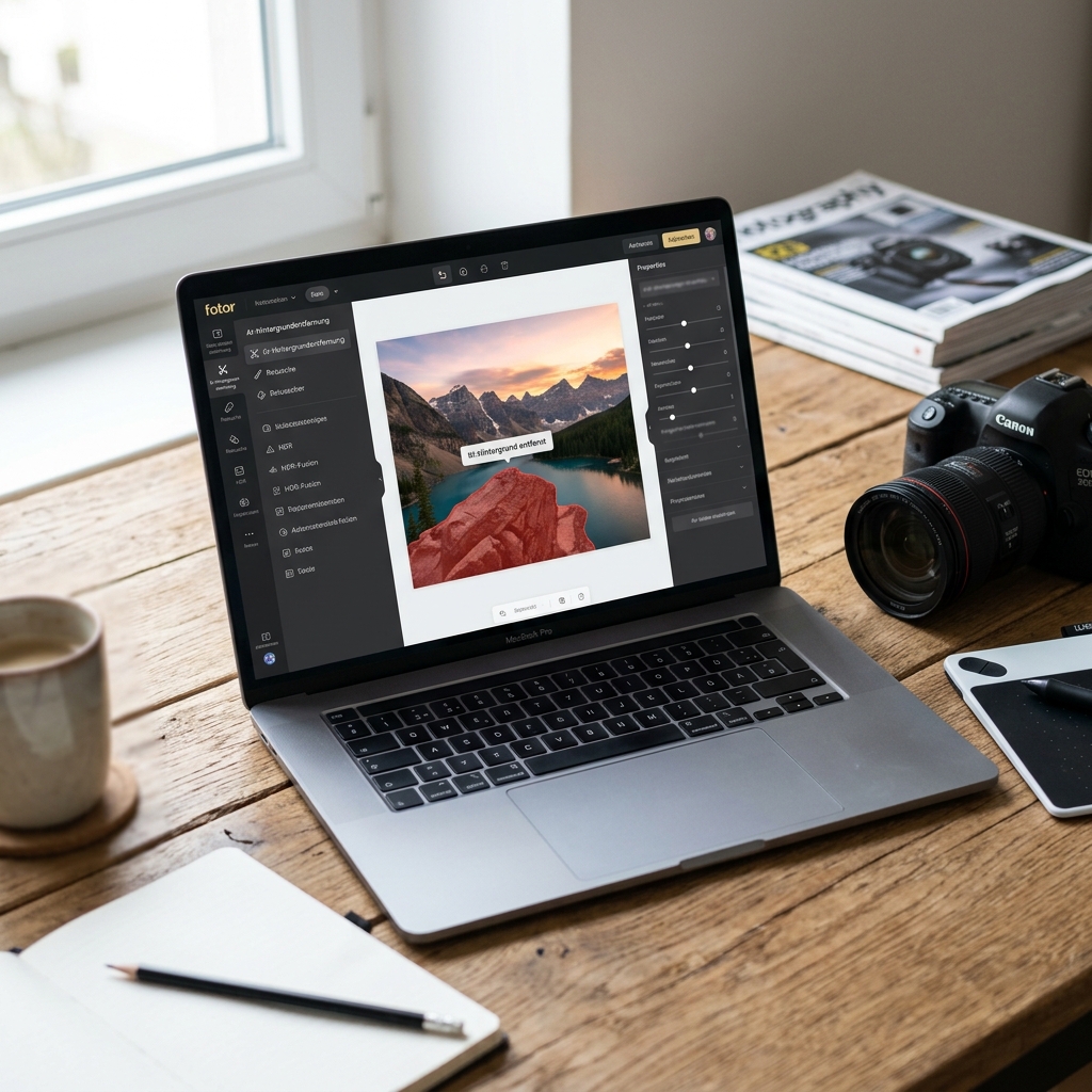 Laptop, Fotobearbeitung, Kamera, Notizbuch, Tisch