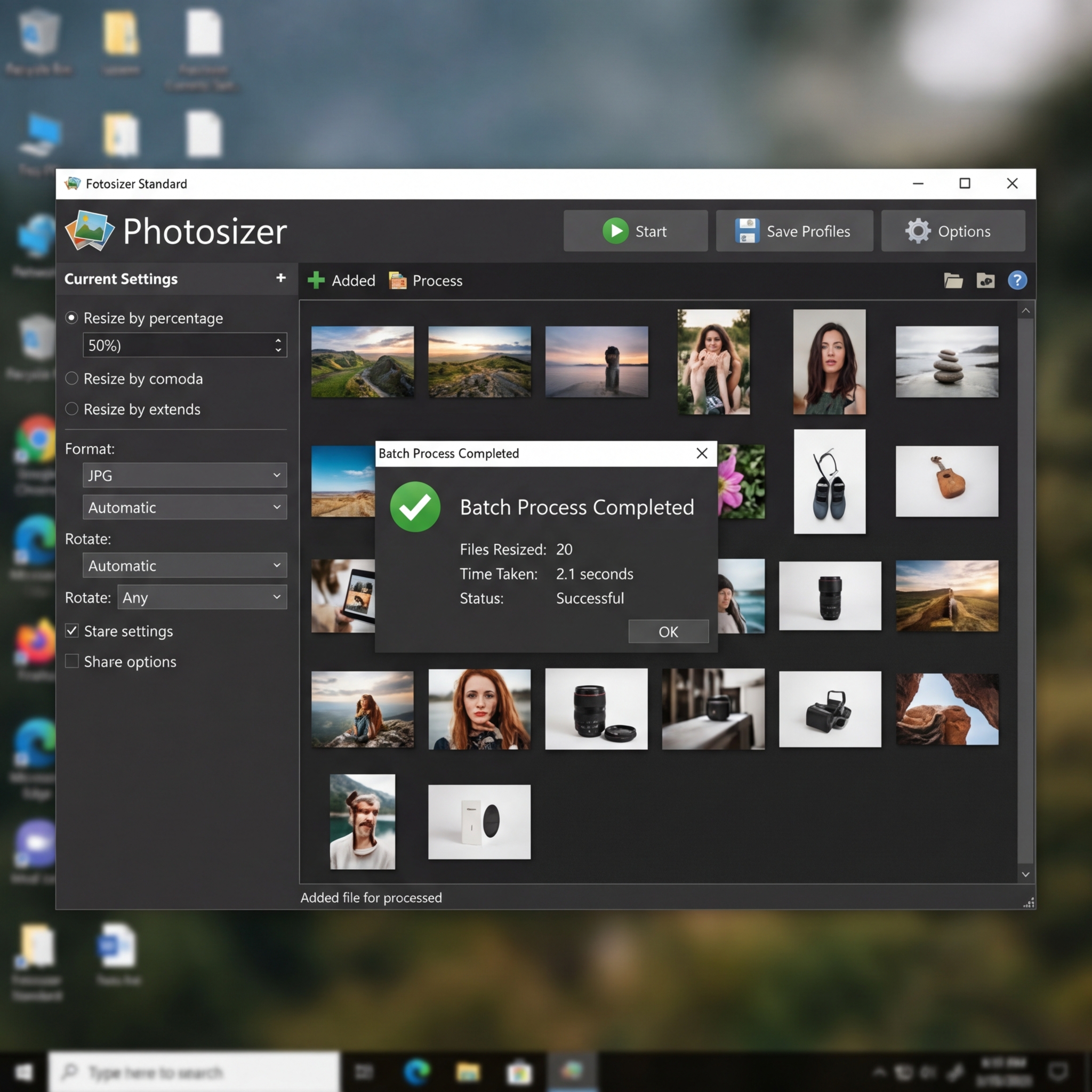 Fotosizer Software zeigt Batch-Prozess Abschlussmeldung.