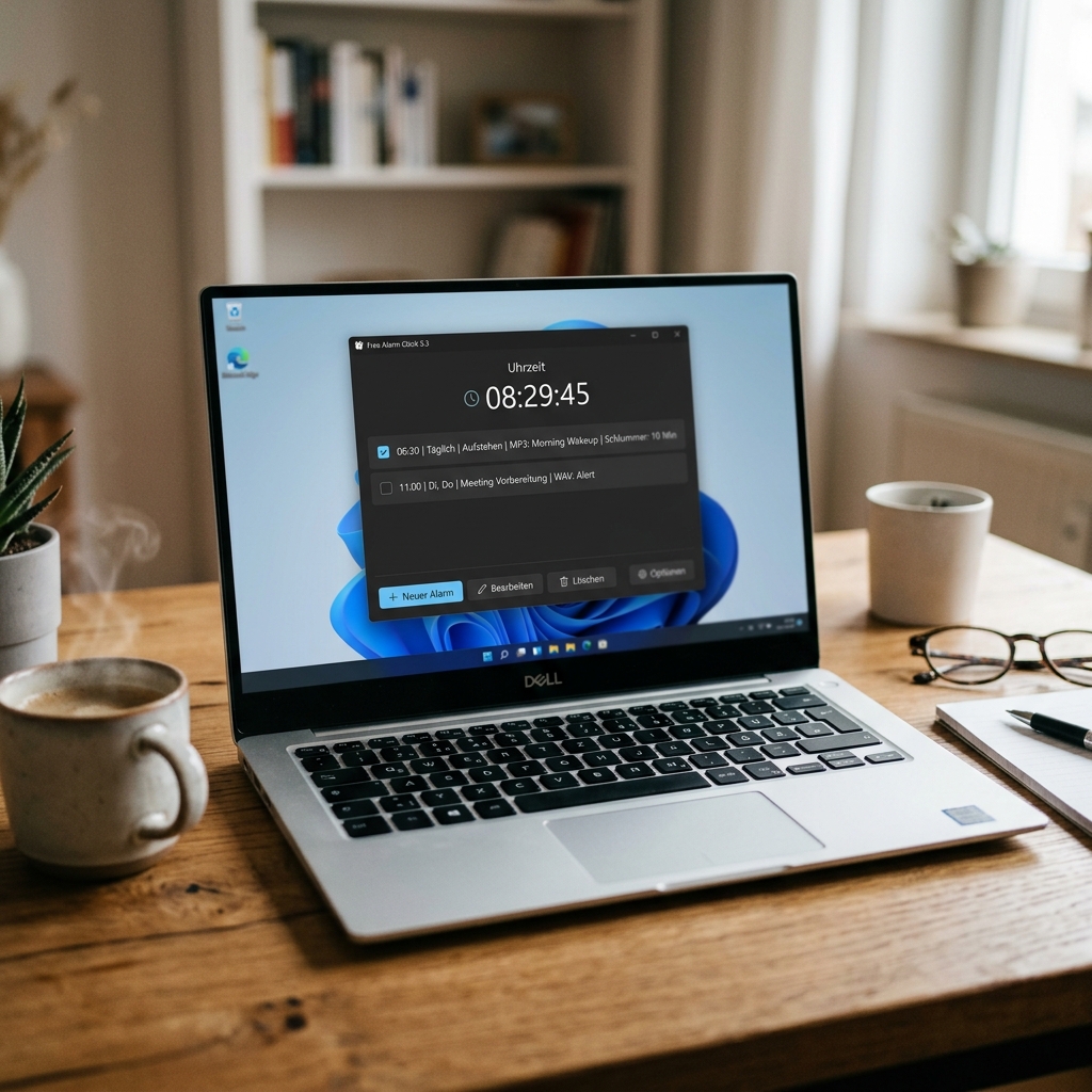 Ein Laptop zeigt eine Wecker-Anwendung mit einer Tasse Kaffee daneben.