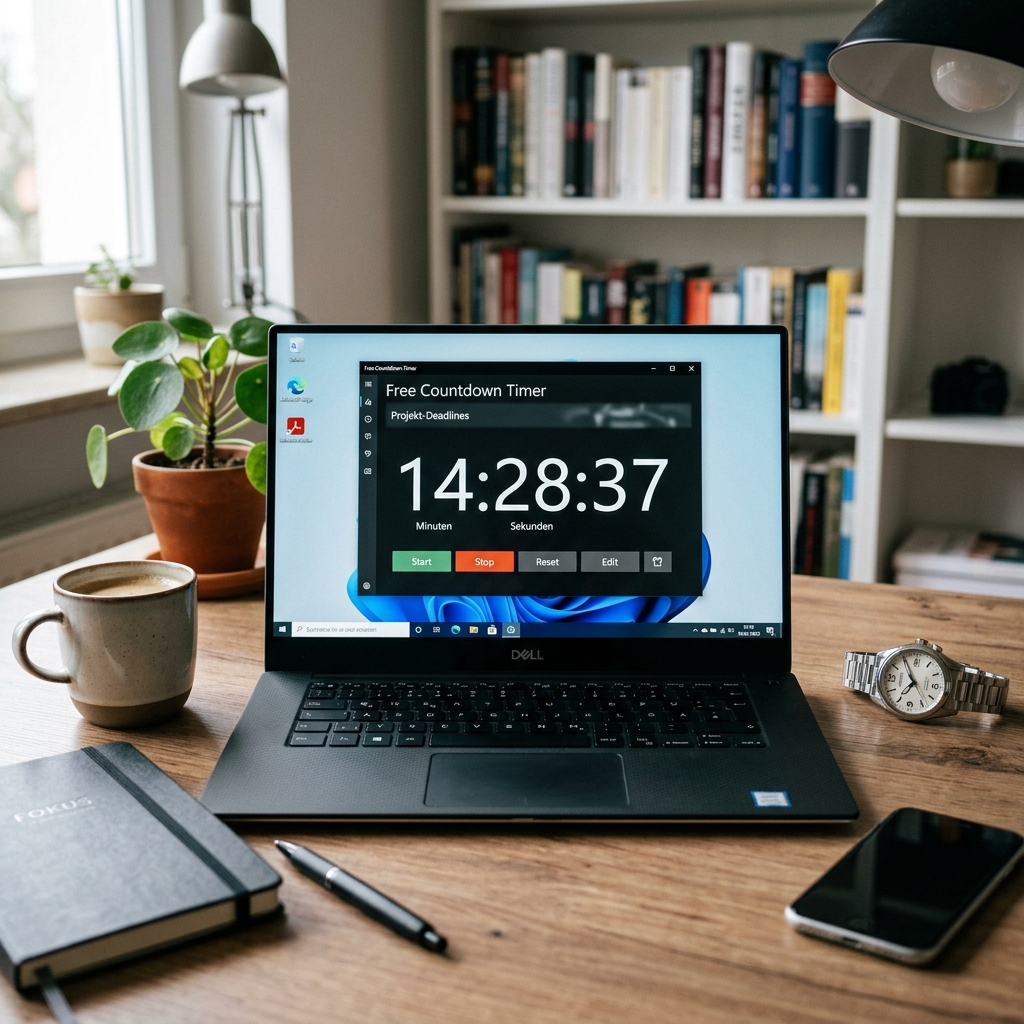 Laptop zeigt einen Countdown-Timer an, daneben eine Tasse Kaffee und ein Notizbuch.