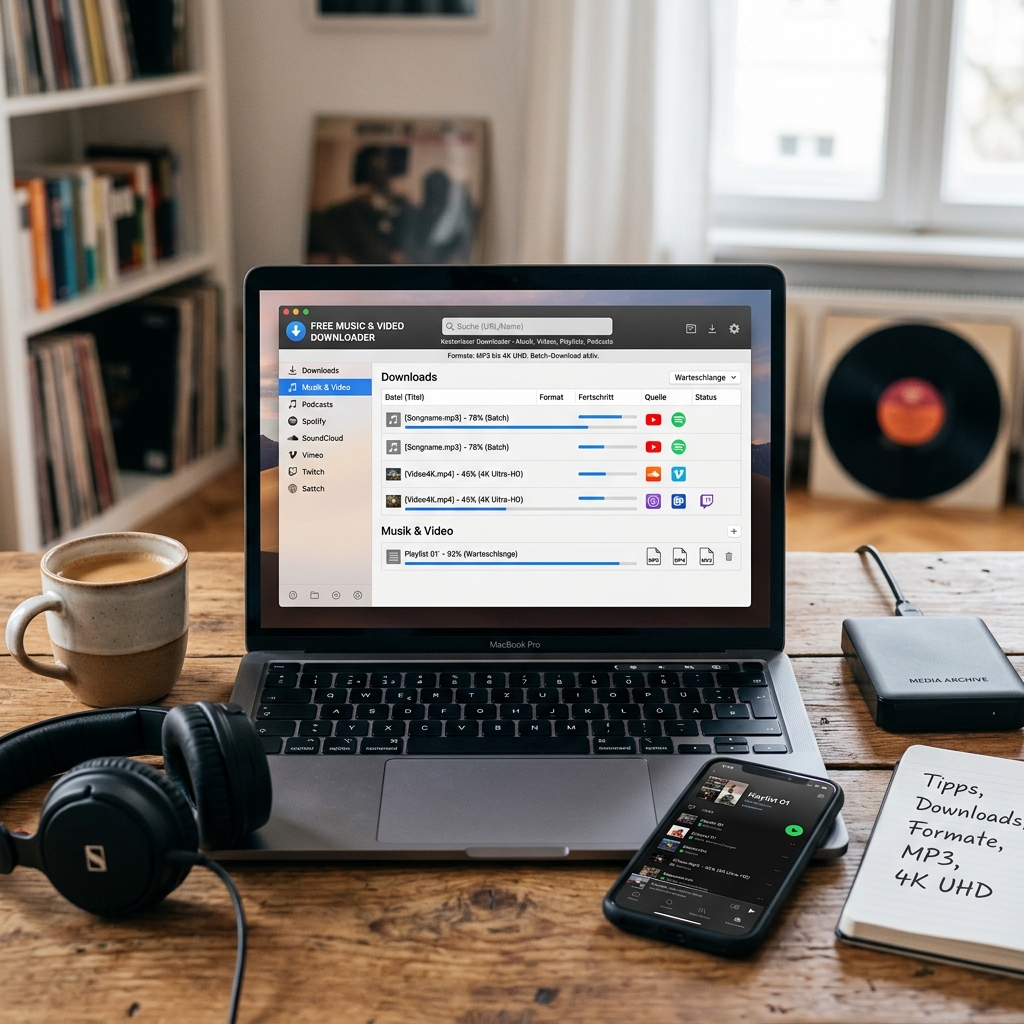 Laptop mit Download-Software und Kopfhörern auf Tisch