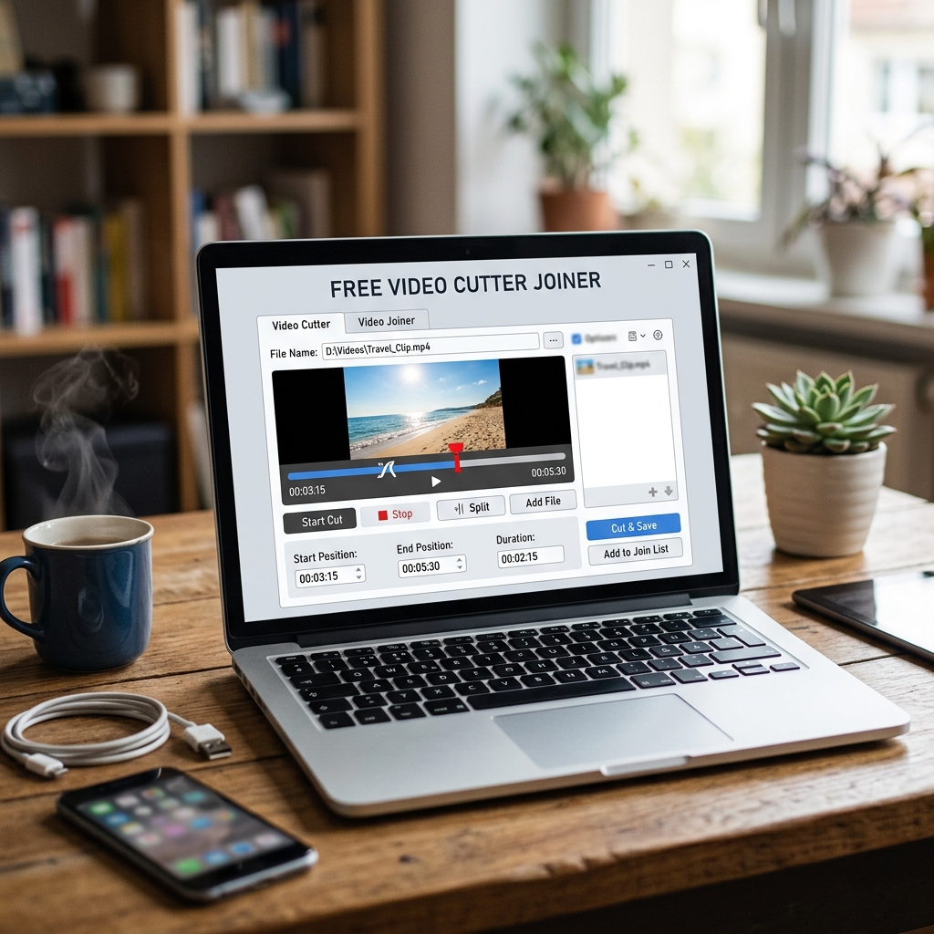 Laptop mit Video Cutter Software und Zubehör auf einem Tisch
