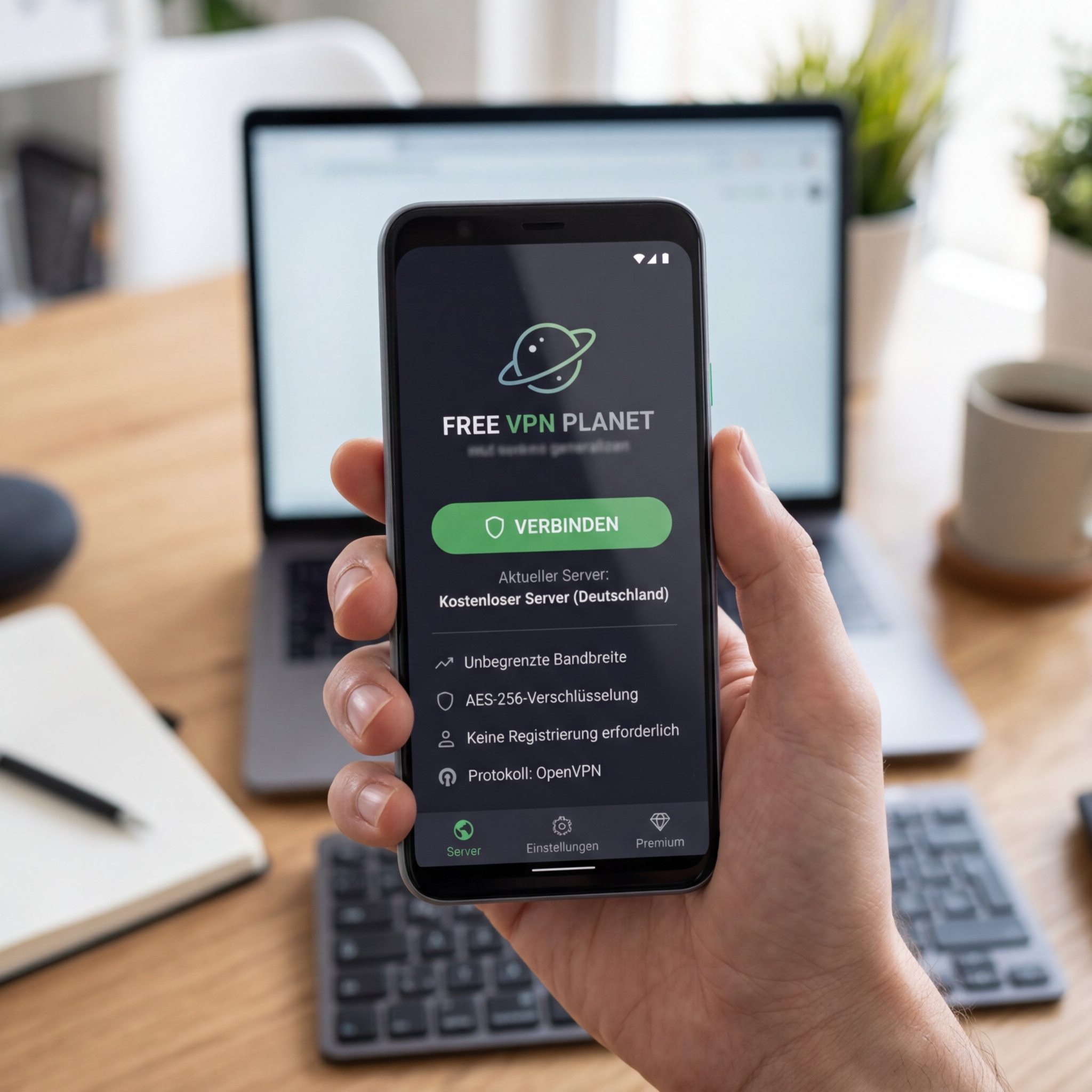 Smartphone zeigt die Benutzeroberfläche der Free VPN Planet App.