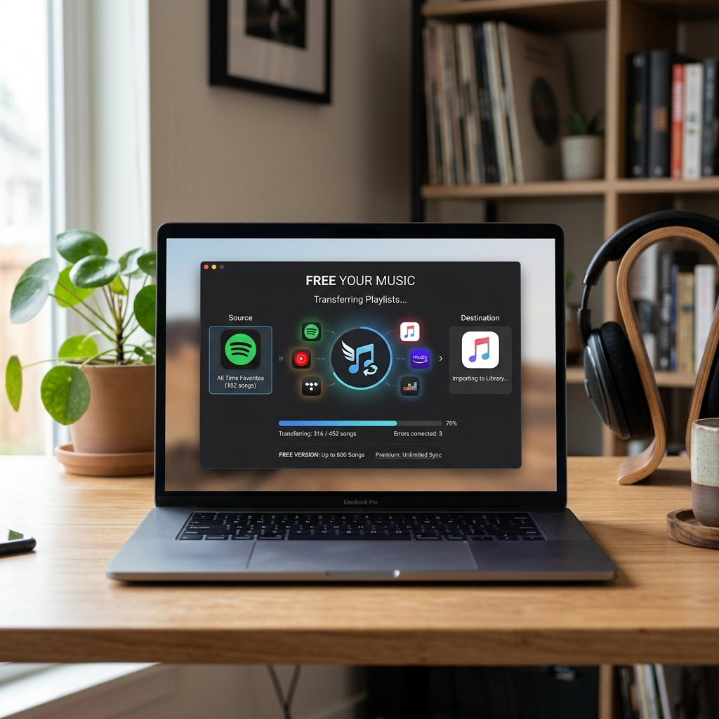 Laptop-Display zeigt Musikübertragungsprozess mit Spotify und iTunes-Integration